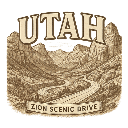 A typographic, nostalgic graphic of a typographic illustration of the words 'utah' with a vintage line art drawing of the zion scenic drive – a t-shirt design