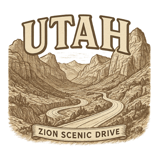 A typographic, nostalgic graphic of a typographic illustration of the words 'utah' with a vintage line art drawing of the zion scenic drive – a t-shirt design