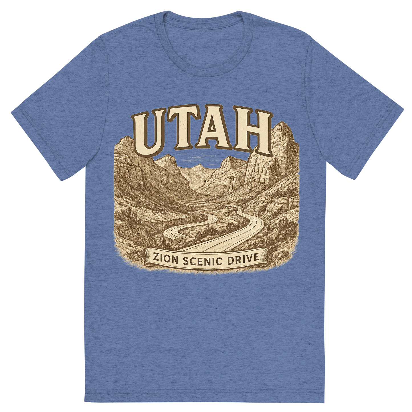 Front view of a Premium Tri-Blend Crew Neck T-Shirt in Blue showing 'A typographic, nostalgic graphic of a typographic illustration of the words 'utah' with a vintage line art drawing of the zion scenic drive'