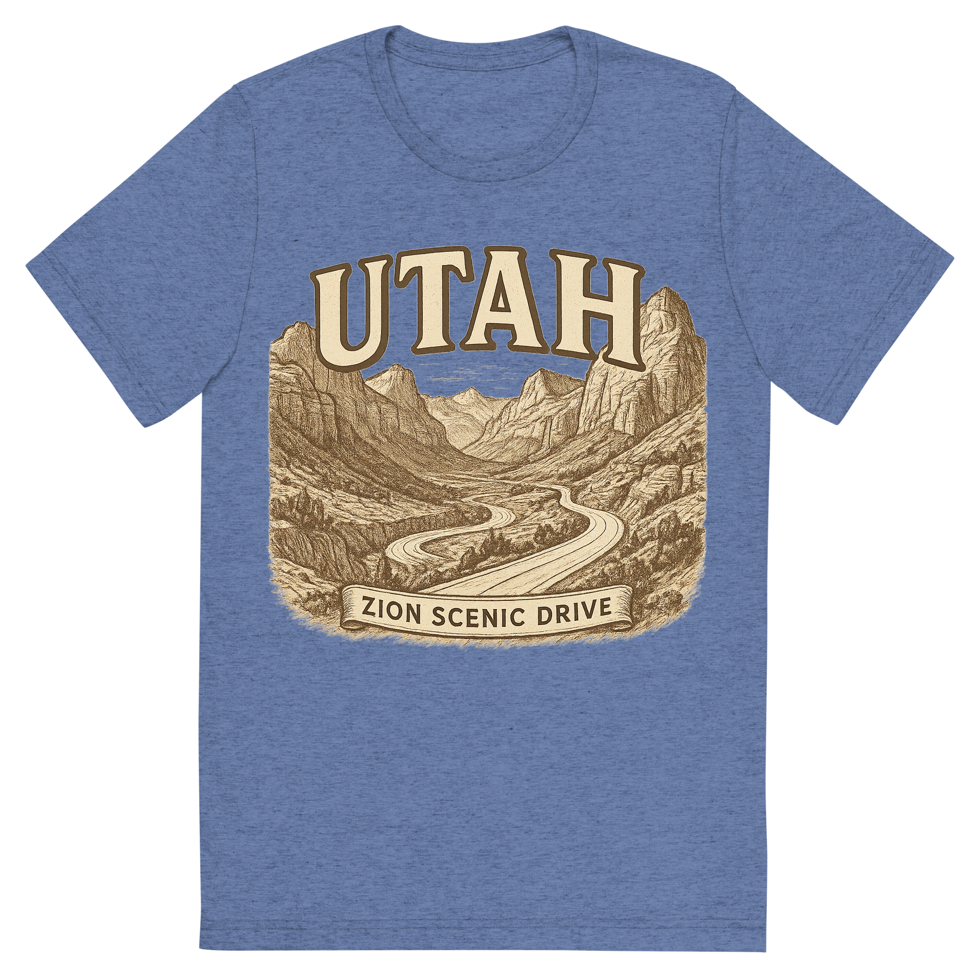 Front view of a Premium Tri-Blend Crew Neck T-Shirt in Blue showing 'A typographic, nostalgic graphic of a typographic illustration of the words 'utah' with a vintage line art drawing of the zion scenic drive'