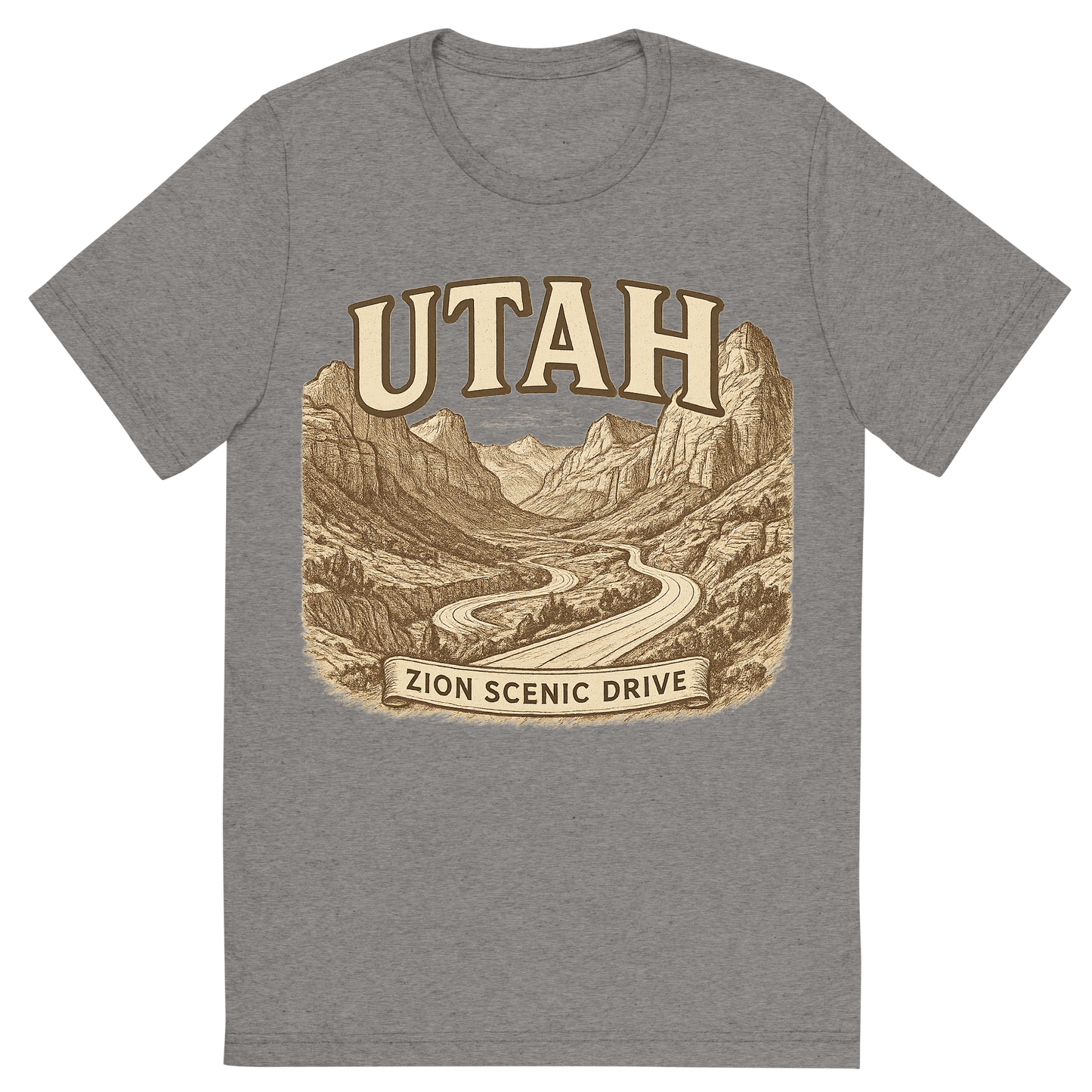 Front view of a Premium Tri-Blend Crew Neck T-Shirt in Grey showing 'A typographic, nostalgic graphic of a typographic illustration of the words 'utah' with a vintage line art drawing of the zion scenic drive'