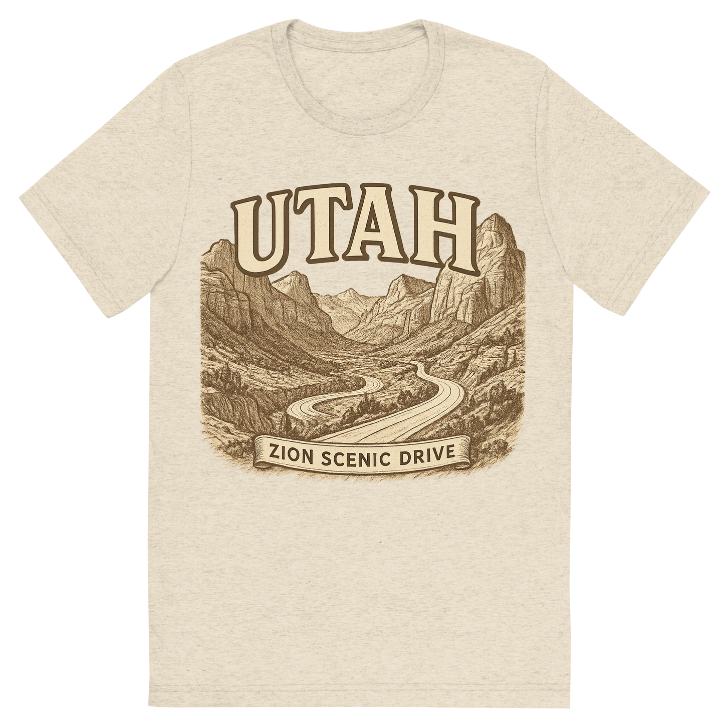 Front view of a Premium Tri-Blend Crew Neck T-Shirt in Oatmeal showing 'A typographic, nostalgic graphic of a typographic illustration of the words 'utah' with a vintage line art drawing of the zion scenic drive'