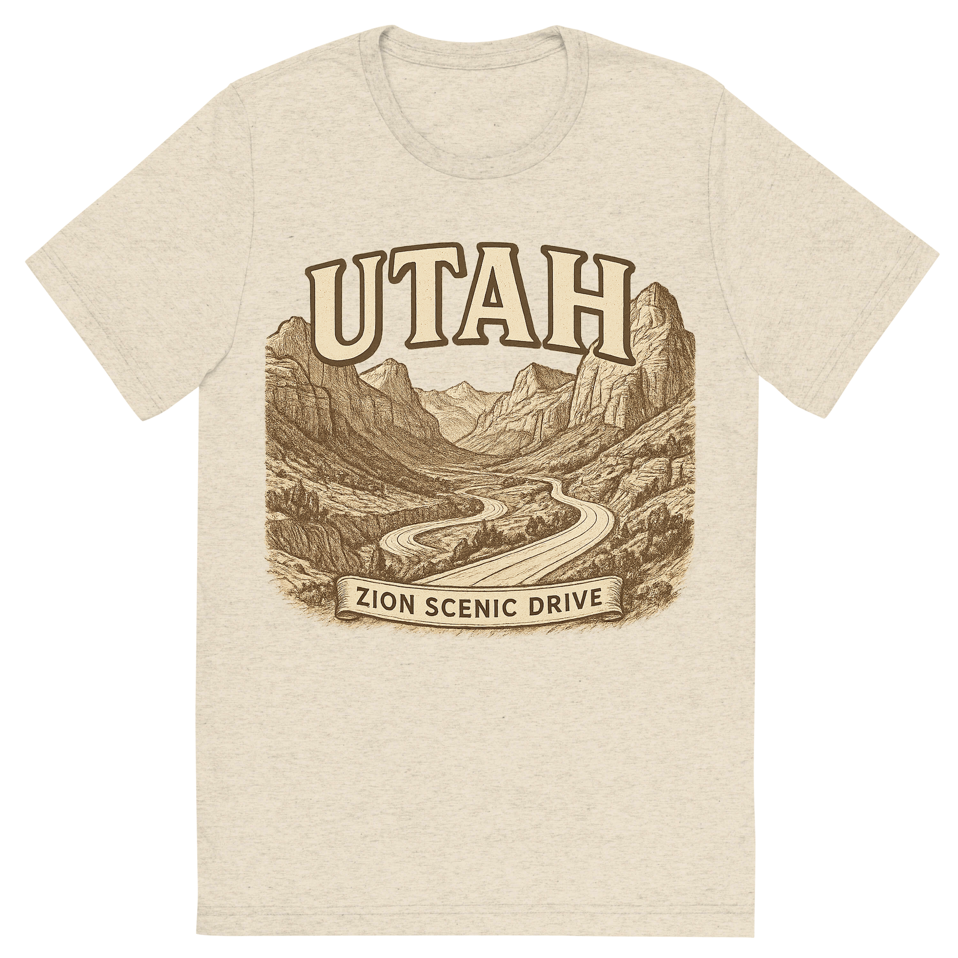 Front view of a Premium Tri-Blend Crew Neck T-Shirt in Oatmeal showing 'A typographic, nostalgic graphic of a typographic illustration of the words 'utah' with a vintage line art drawing of the zion scenic drive'