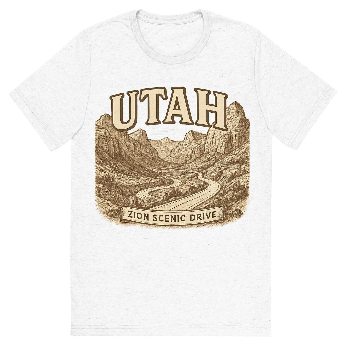 Front view of a Premium Tri-Blend Crew Neck T-Shirt in Solid White showing 'A typographic, nostalgic graphic of a typographic illustration of the words 'utah' with a vintage line art drawing of the zion scenic drive'
