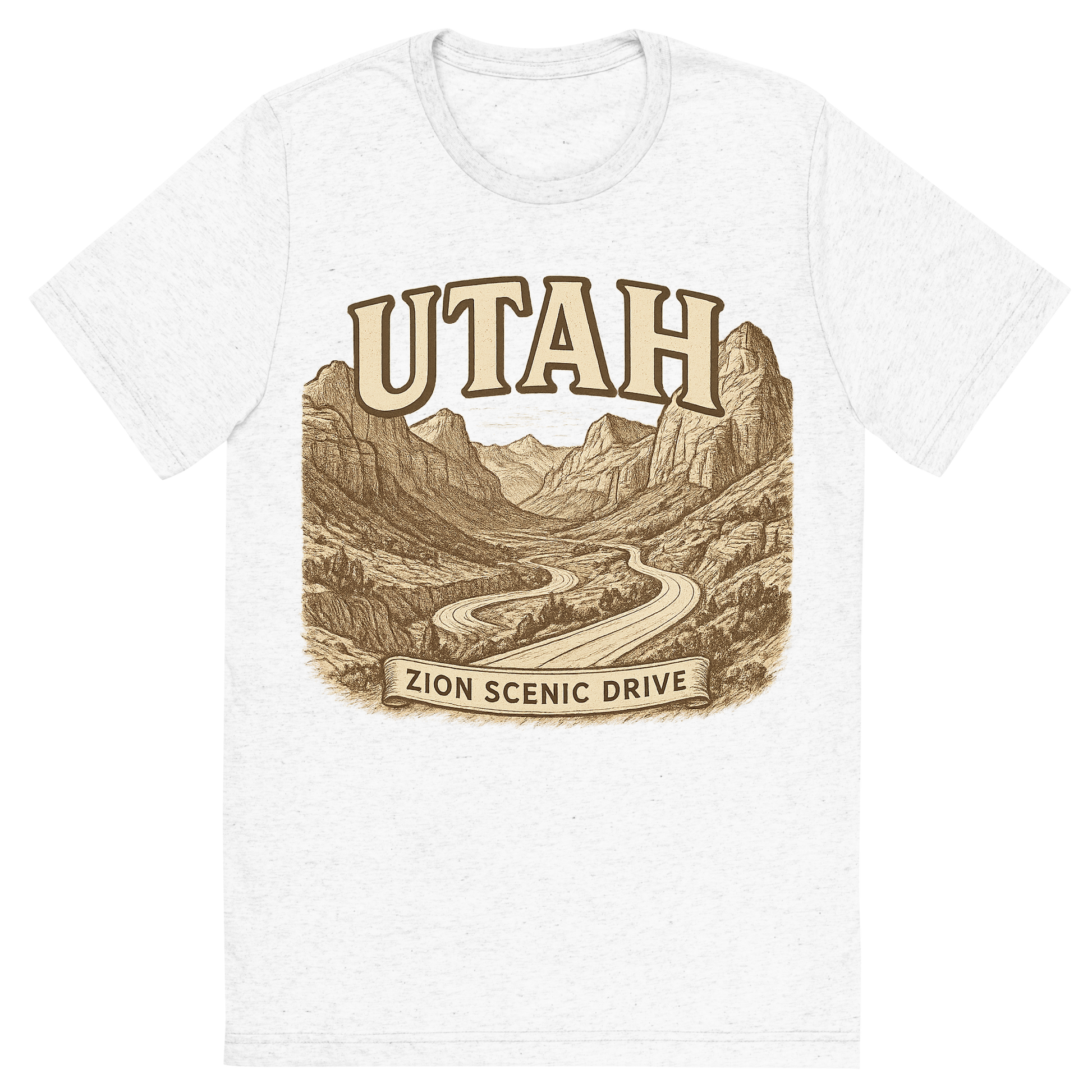 Front view of a Premium Tri-Blend Crew Neck T-Shirt in Solid White showing 'A typographic, nostalgic graphic of a typographic illustration of the words 'utah' with a vintage line art drawing of the zion scenic drive'