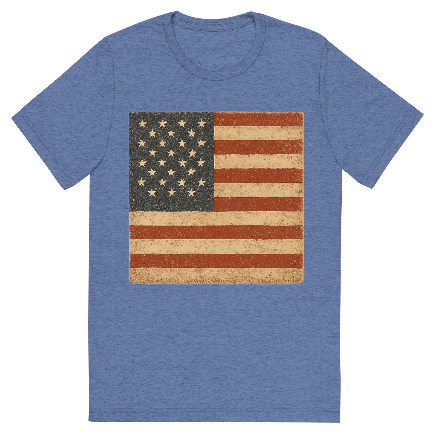Front view of a Premium Tri-Blend Crew Neck T-Shirt in Blue showing 'A retro, rustic graphic of a stylized version of the american flag'
