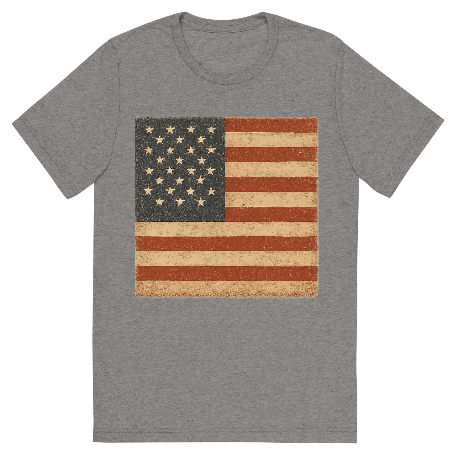 Front view of a Premium Tri-Blend Crew Neck T-Shirt in Grey showing 'A retro, rustic graphic of a stylized version of the american flag'