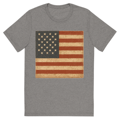 Front view of a Premium Tri-Blend Crew Neck T-Shirt in Grey showing 'A retro, rustic graphic of a stylized version of the american flag'