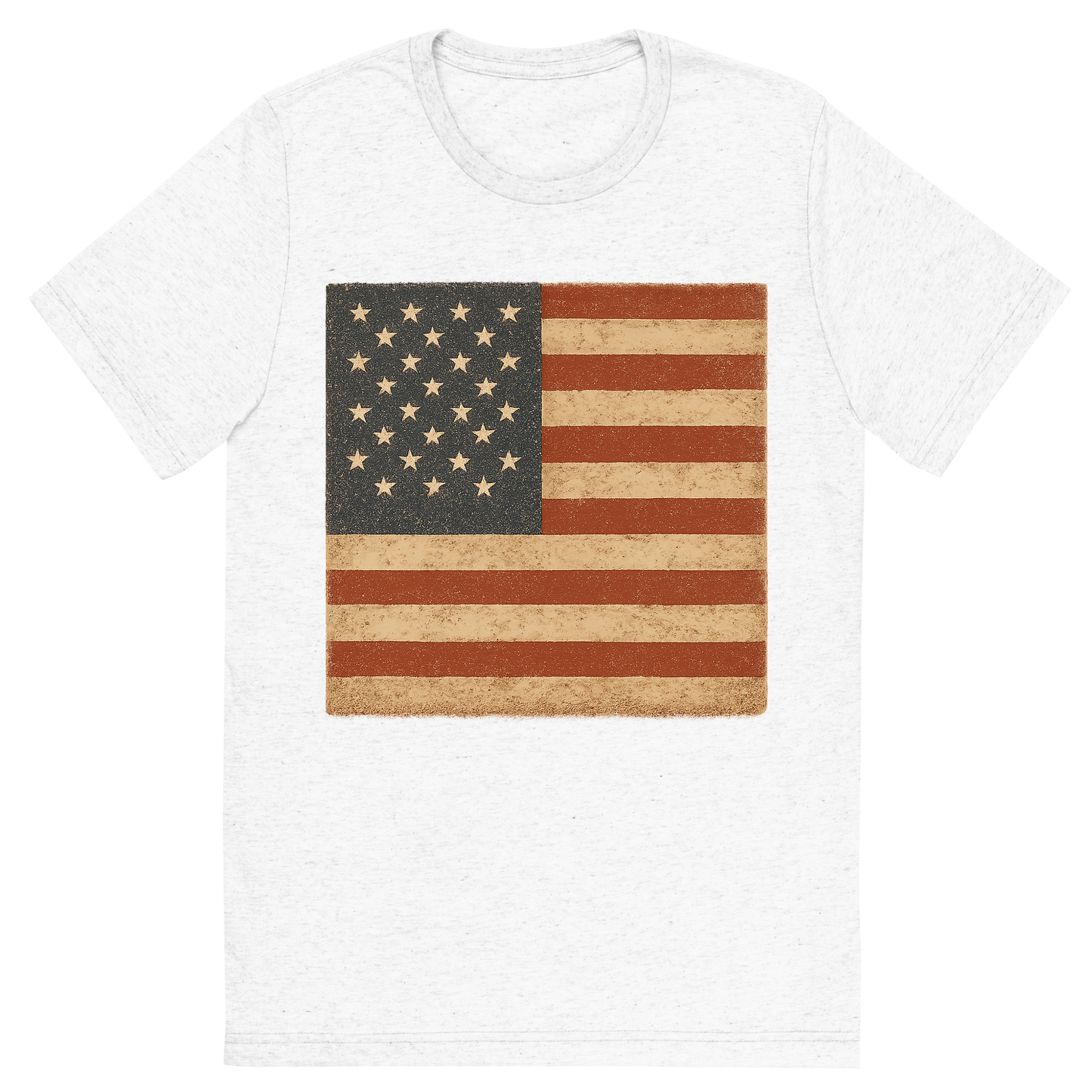 Front view of a Premium Tri-Blend Crew Neck T-Shirt in Solid White showing 'A retro, rustic graphic of a stylized version of the american flag'