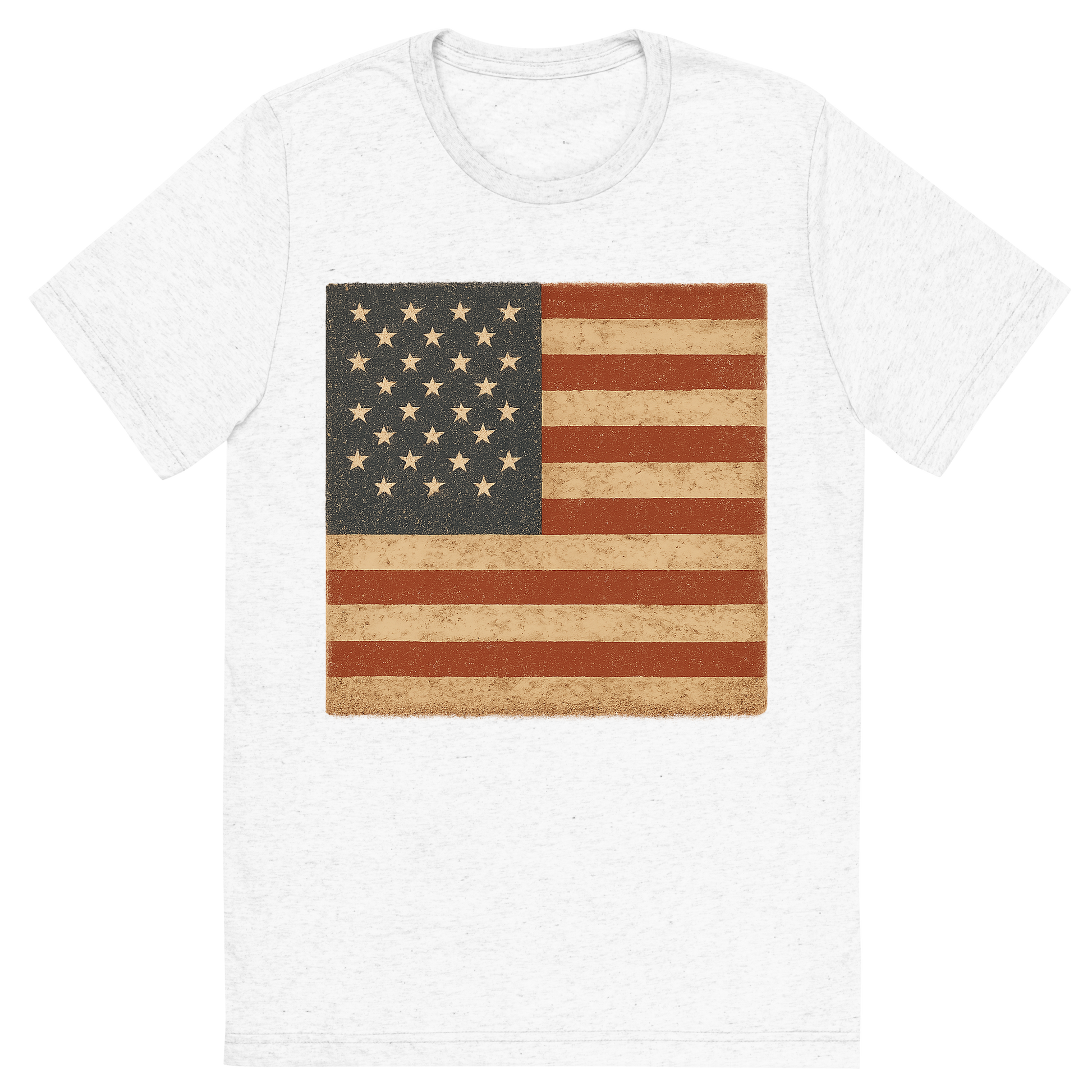 Front view of a Premium Tri-Blend Crew Neck T-Shirt in Solid White showing 'A retro, rustic graphic of a stylized version of the american flag'