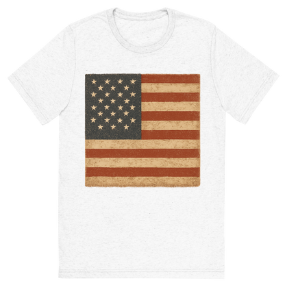 Front view of a Premium Tri-Blend Crew Neck T-Shirt in Solid White showing 'A retro, rustic graphic of a stylized version of the american flag'