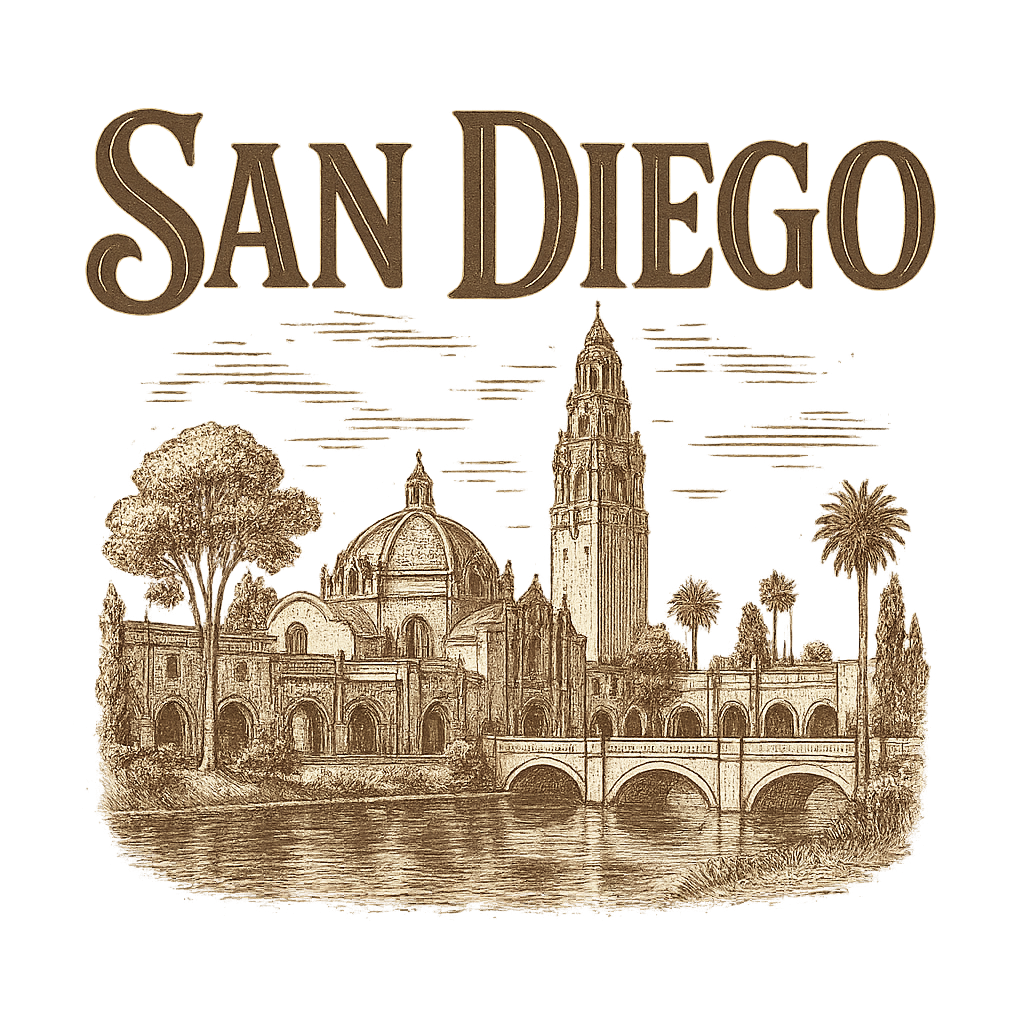 A typographic, nostalgic graphic of a typographic illustration of the words 'san diego' with a vintage line art drawing of balboa park – a t-shirt design