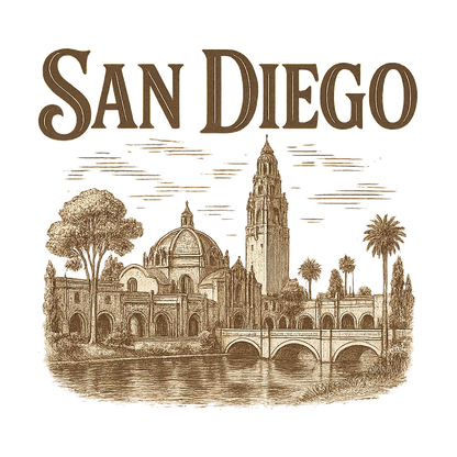 A typographic, nostalgic graphic of a typographic illustration of the words 'san diego' with a vintage line art drawing of balboa park – a t-shirt design