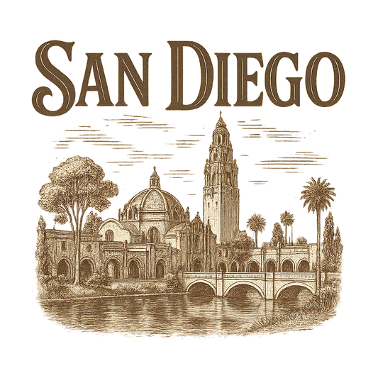 A typographic, nostalgic graphic of a typographic illustration of the words 'san diego' with a vintage line art drawing of balboa park – a t-shirt design