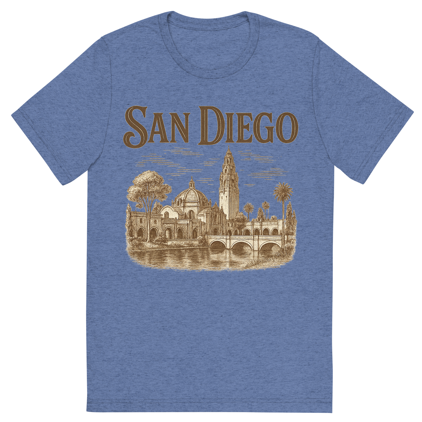 Front view of a Premium Tri-Blend Crew Neck T-Shirt in Blue showing 'A typographic, nostalgic graphic of a typographic illustration of the words 'san diego' with a vintage line art drawing of balboa park'