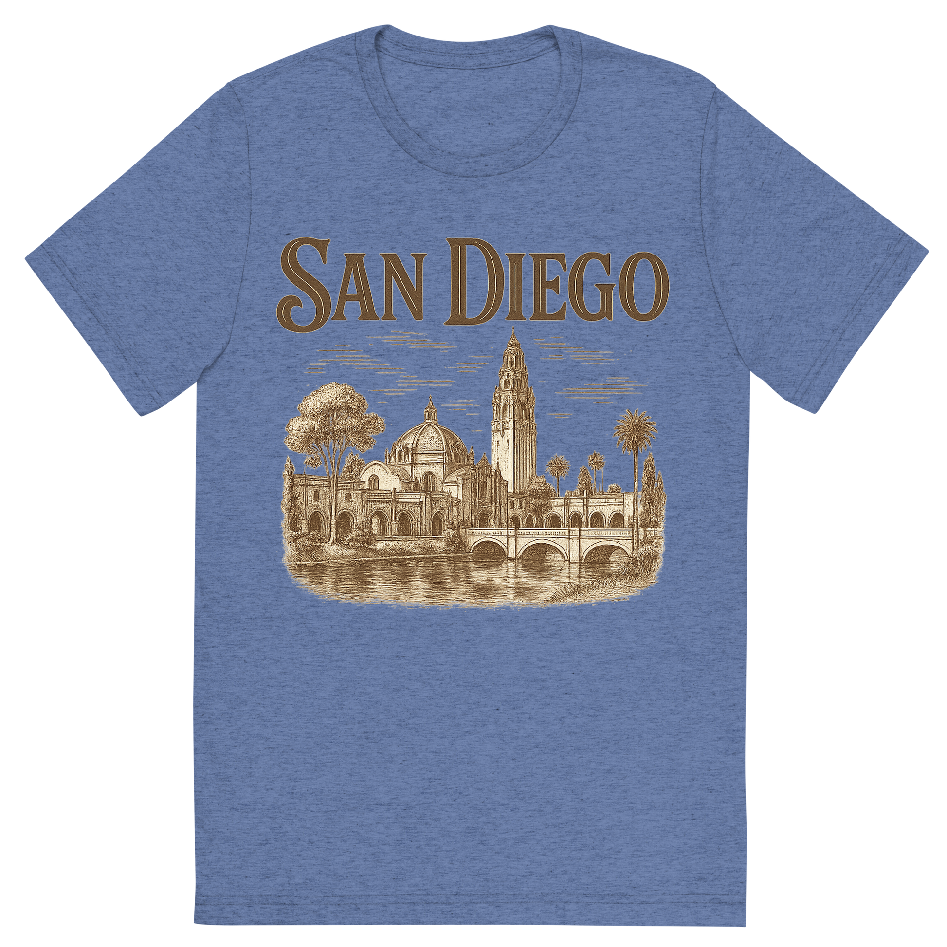 Front view of a Premium Tri-Blend Crew Neck T-Shirt in Blue showing 'A typographic, nostalgic graphic of a typographic illustration of the words 'san diego' with a vintage line art drawing of balboa park'