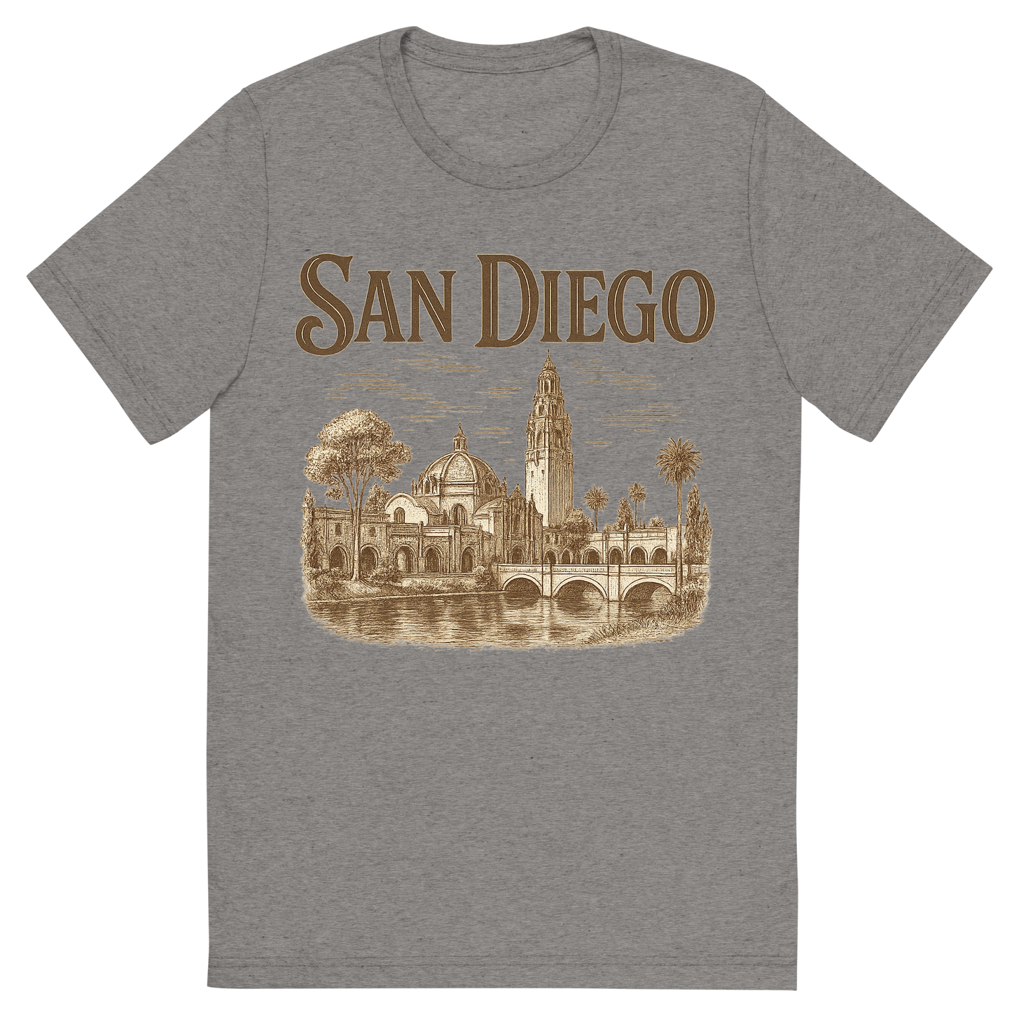 Front view of a Premium Tri-Blend Crew Neck T-Shirt in Grey showing 'A typographic, nostalgic graphic of a typographic illustration of the words 'san diego' with a vintage line art drawing of balboa park'