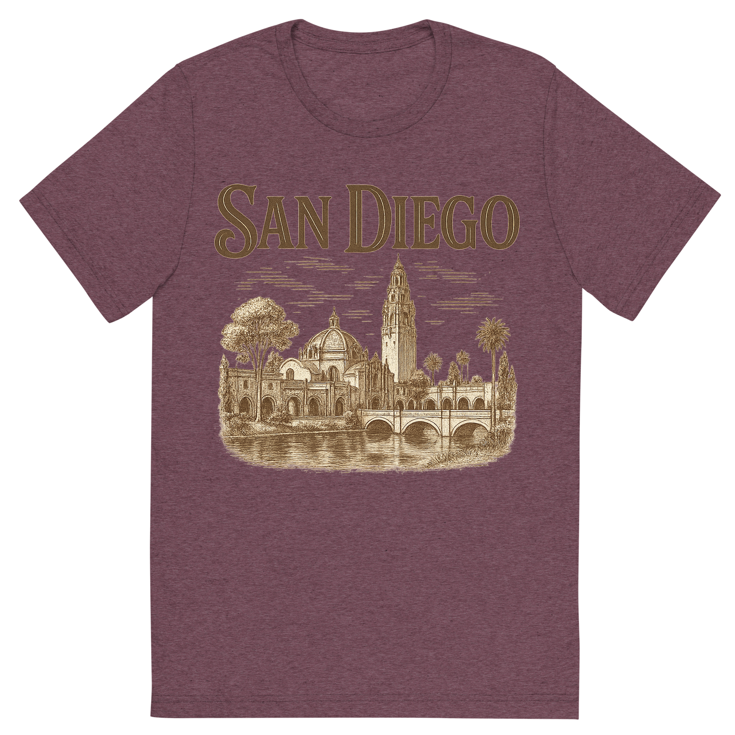 Front view of a Premium Tri-Blend Crew Neck T-Shirt in Maroon showing 'A typographic, nostalgic graphic of a typographic illustration of the words 'san diego' with a vintage line art drawing of balboa park'