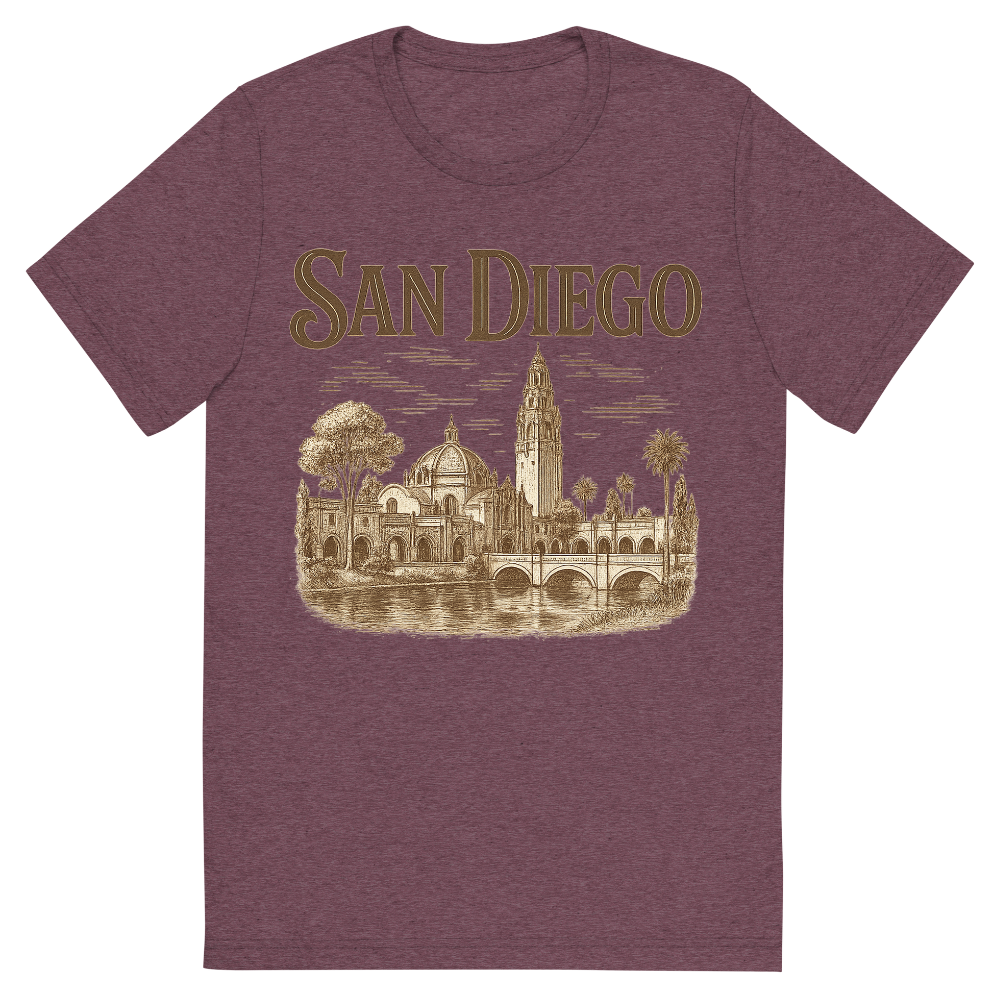 Front view of a Premium Tri-Blend Crew Neck T-Shirt in Maroon showing 'A typographic, nostalgic graphic of a typographic illustration of the words 'san diego' with a vintage line art drawing of balboa park'