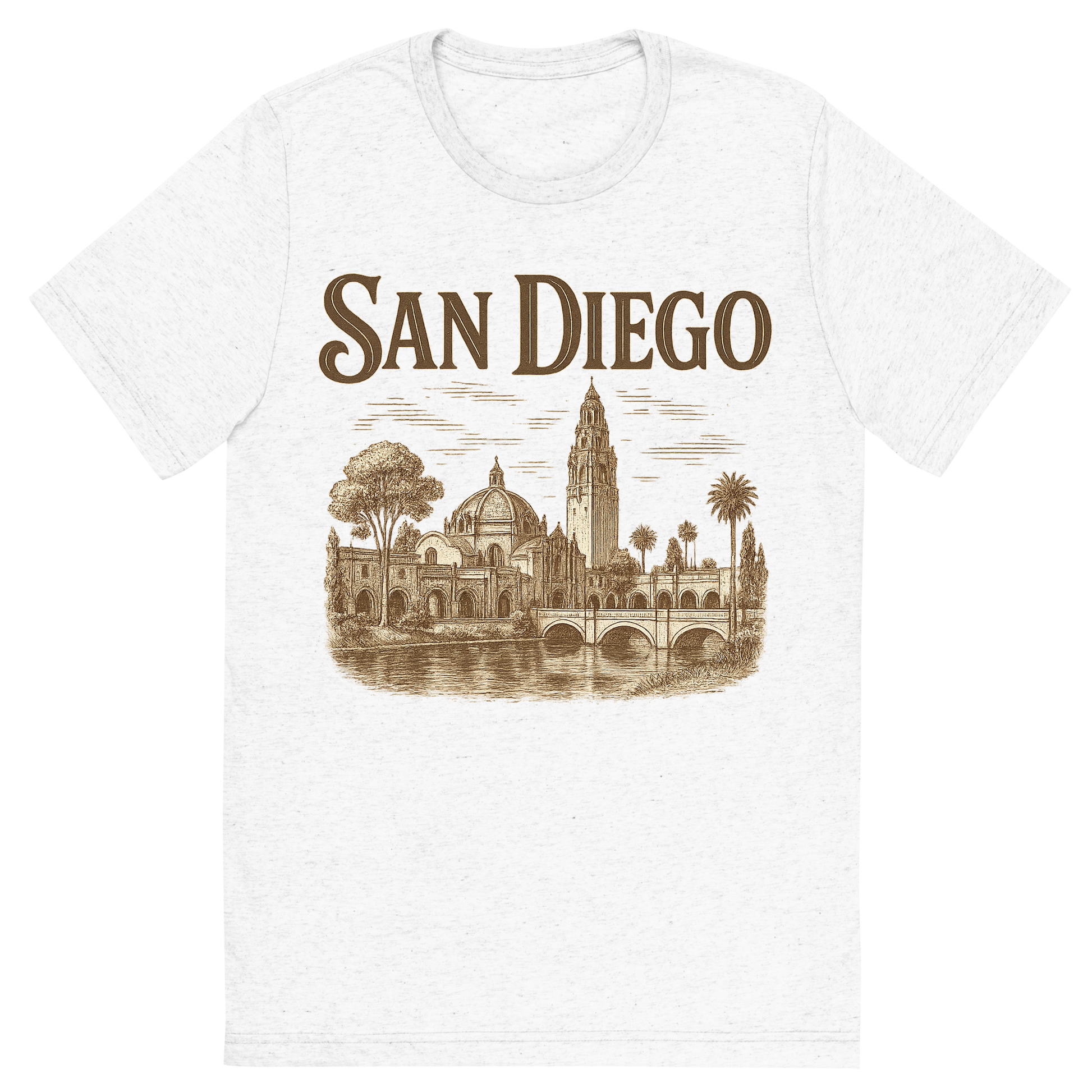 Front view of a Premium Tri-Blend Crew Neck T-Shirt in Solid White showing 'A typographic, nostalgic graphic of a typographic illustration of the words 'san diego' with a vintage line art drawing of balboa park'