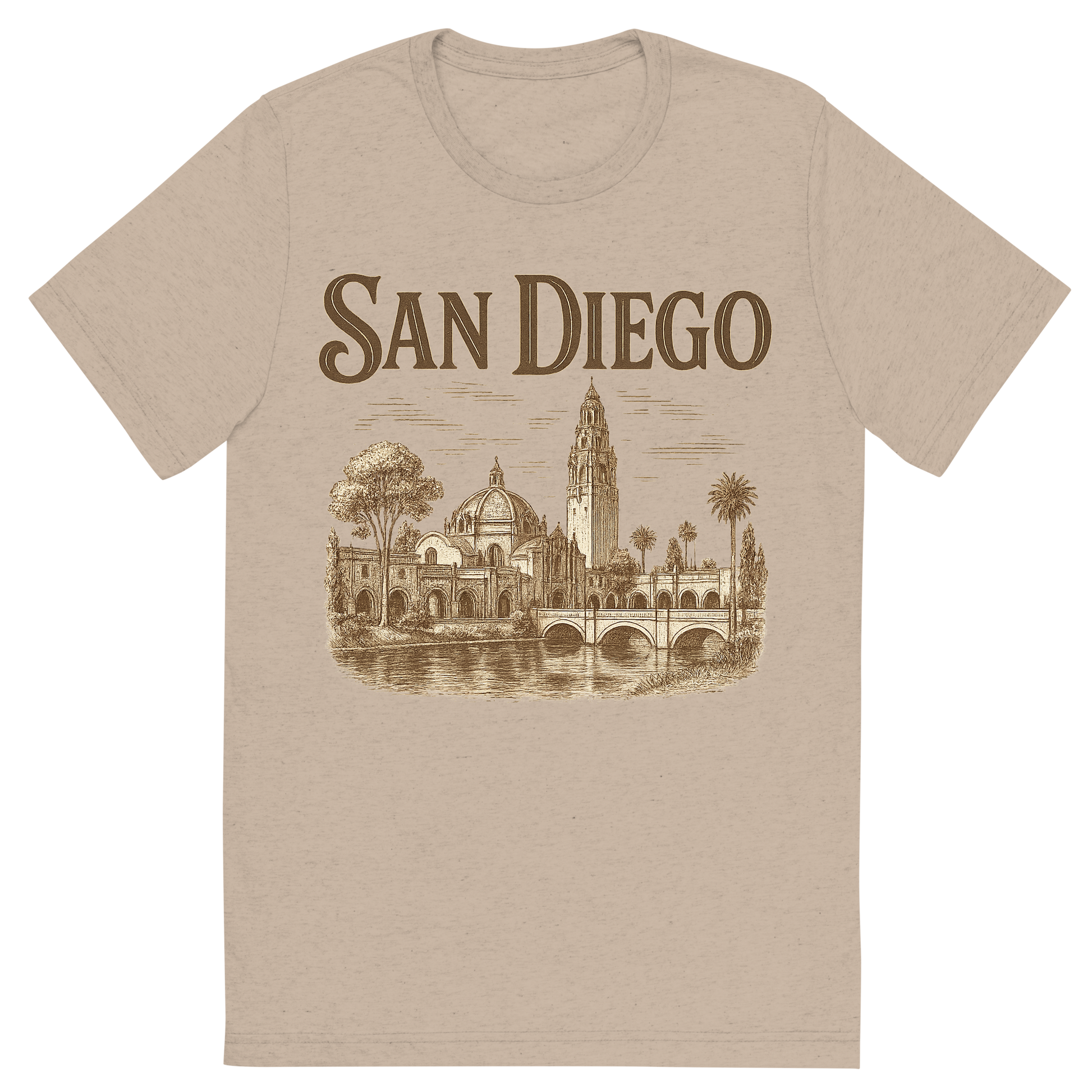 Front view of a Premium Tri-Blend Crew Neck T-Shirt in Tan showing 'A typographic, nostalgic graphic of a typographic illustration of the words 'san diego' with a vintage line art drawing of balboa park'