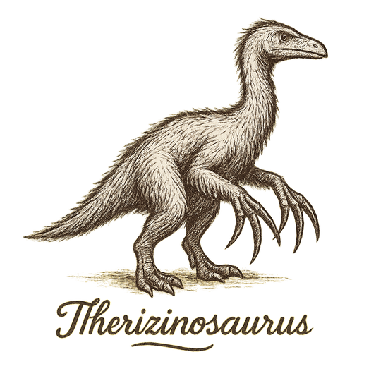 A flat, neutral graphic of a unique sketch of a therizinosaurus with long claws and a feathered outline. “therizinosaurus” is inscribed in cursive below. ink illustration on a white background. - a t-shirt design