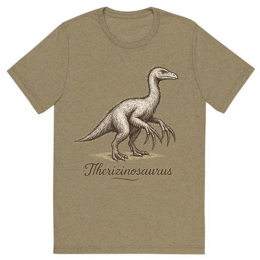 Front view of a Premium Tri-Blend Crew Neck T-Shirt in Olive showing 'A flat, neutral graphic of a unique sketch of a therizinosaurus with long claws and a feathered outline. “therizinosaurus” is inscribed in cursive below. ink illustration on a white background.'