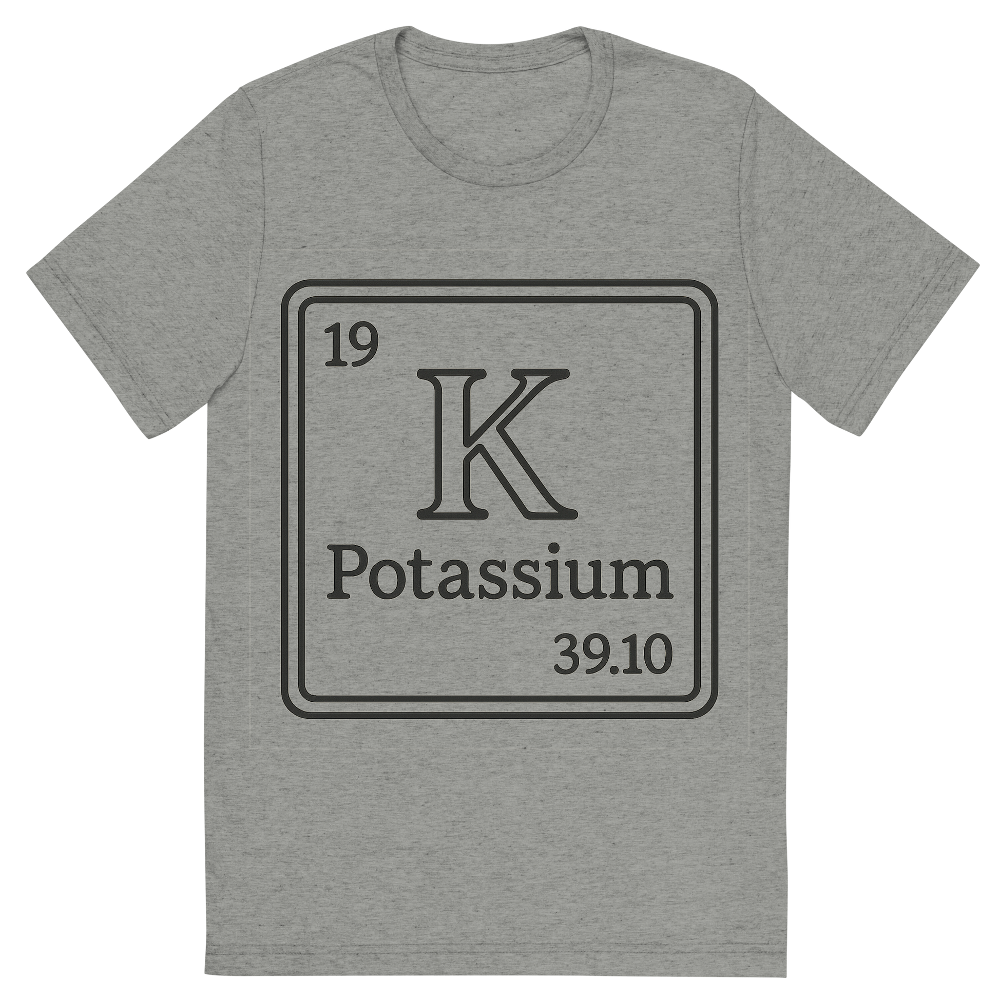 Front view of a Premium Tri-Blend Crew Neck T-Shirt in Athletic Grey showing 'A line art, nostalgic graphic of potassium's entry on the periodic table, use a dark color for the lines and text'