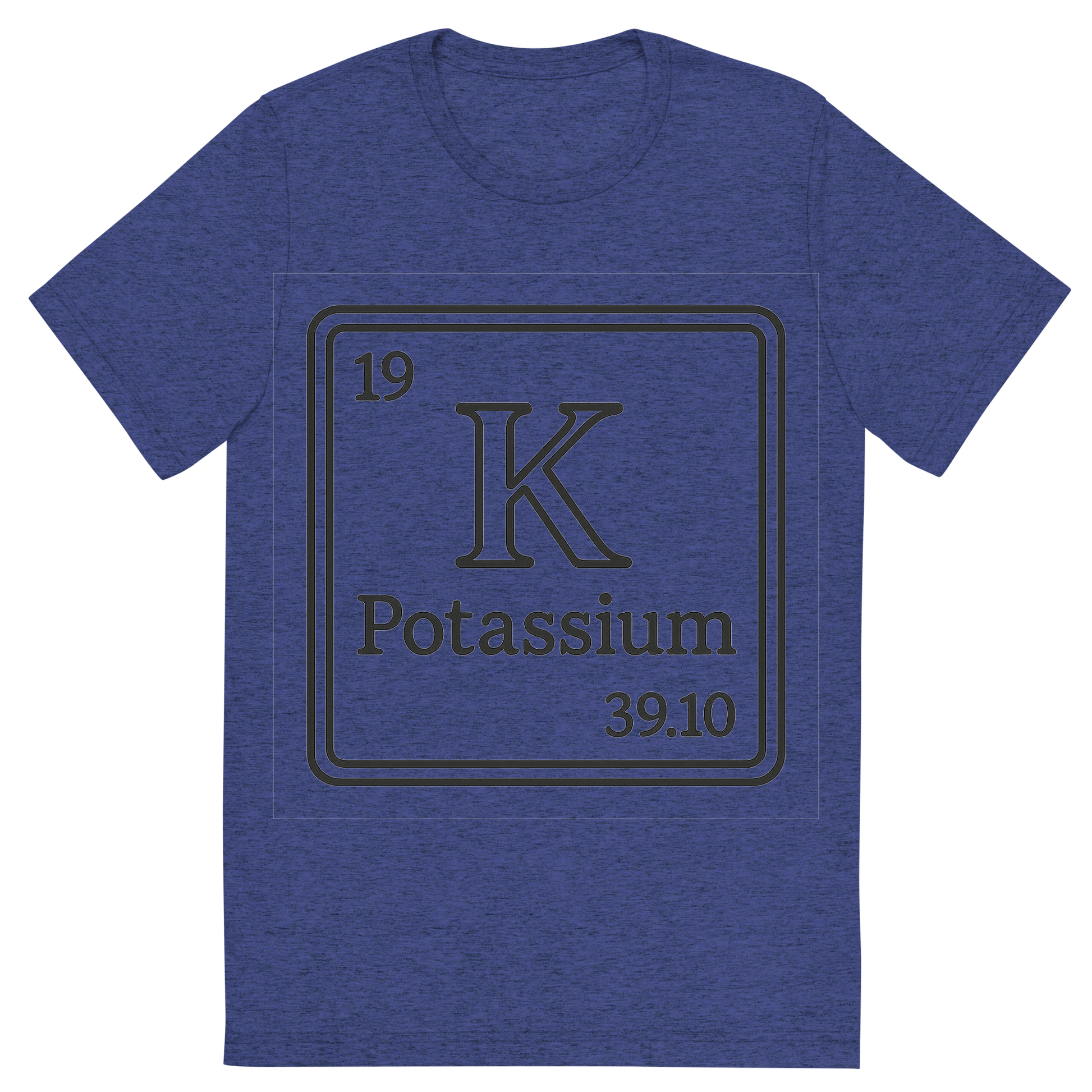 Front view of a Premium Tri-Blend Crew Neck T-Shirt in Navy showing 'A line art, nostalgic graphic of potassium's entry on the periodic table, use a dark color for the lines and text'
