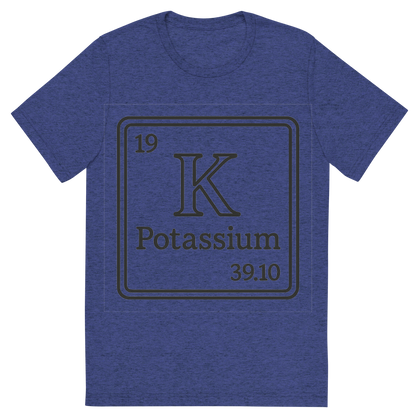 Front view of a Premium Tri-Blend Crew Neck T-Shirt in Navy showing 'A line art, nostalgic graphic of potassium's entry on the periodic table, use a dark color for the lines and text'