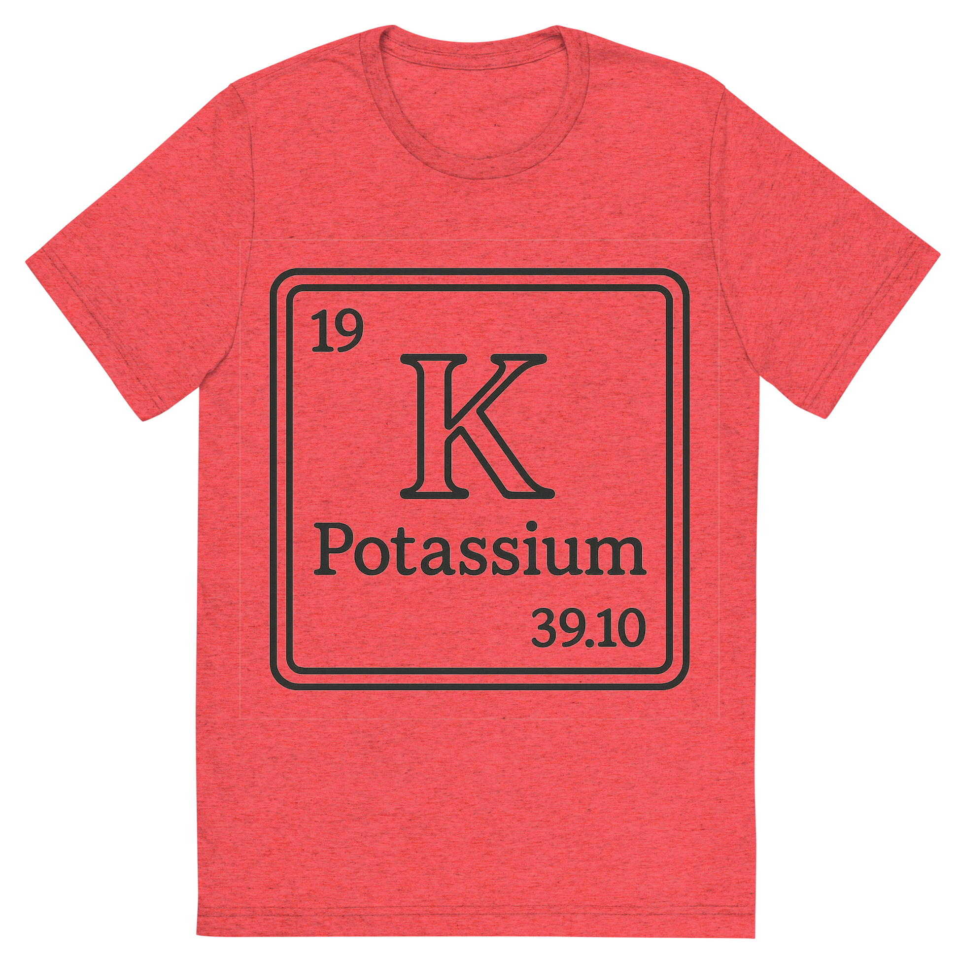 Front view of a Premium Tri-Blend Crew Neck T-Shirt in Red showing 'A line art, nostalgic graphic of potassium's entry on the periodic table, use a dark color for the lines and text'