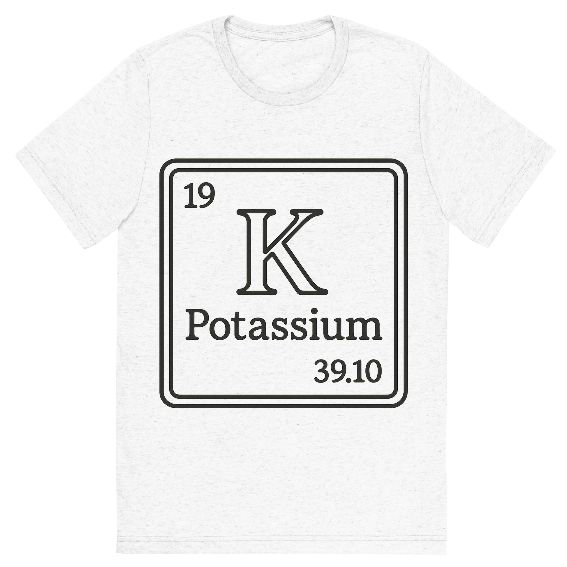 Front view of a Premium Tri-Blend Crew Neck T-Shirt in Solid White showing 'A line art, nostalgic graphic of potassium's entry on the periodic table, use a dark color for the lines and text'