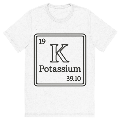 Front view of a Premium Tri-Blend Crew Neck T-Shirt in Solid White showing 'A line art, nostalgic graphic of potassium's entry on the periodic table, use a dark color for the lines and text'