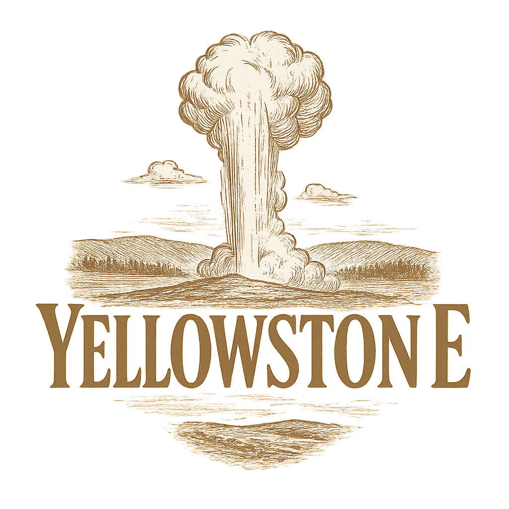 A typographic, nostalgic graphic of a typographic illustration of the words 'yellowstone' with a vintage line art drawing of old faithful – a t-shirt design