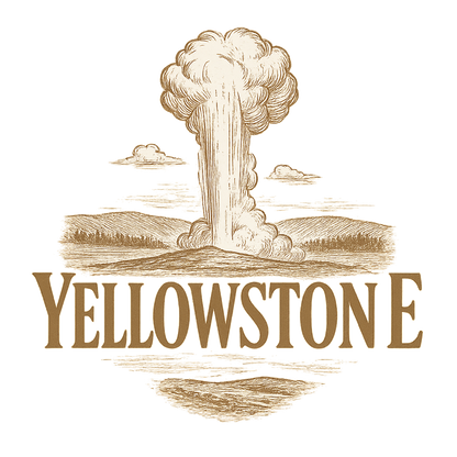 A typographic, nostalgic graphic of a typographic illustration of the words 'yellowstone' with a vintage line art drawing of old faithful – a t-shirt design