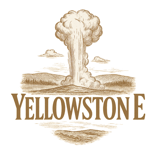 A typographic, nostalgic graphic of a typographic illustration of the words 'yellowstone' with a vintage line art drawing of old faithful – a t-shirt design