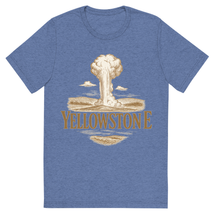 Front view of a Premium Tri-Blend Crew Neck T-Shirt in Blue showing 'A typographic, nostalgic graphic of a typographic illustration of the words 'yellowstone' with a vintage line art drawing of old faithful'