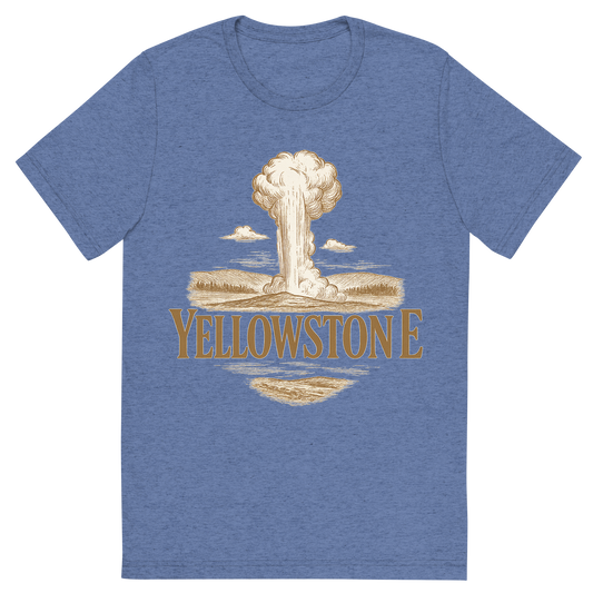 Front view of a Premium Tri-Blend Crew Neck T-Shirt in Blue showing 'A typographic, nostalgic graphic of a typographic illustration of the words 'yellowstone' with a vintage line art drawing of old faithful'