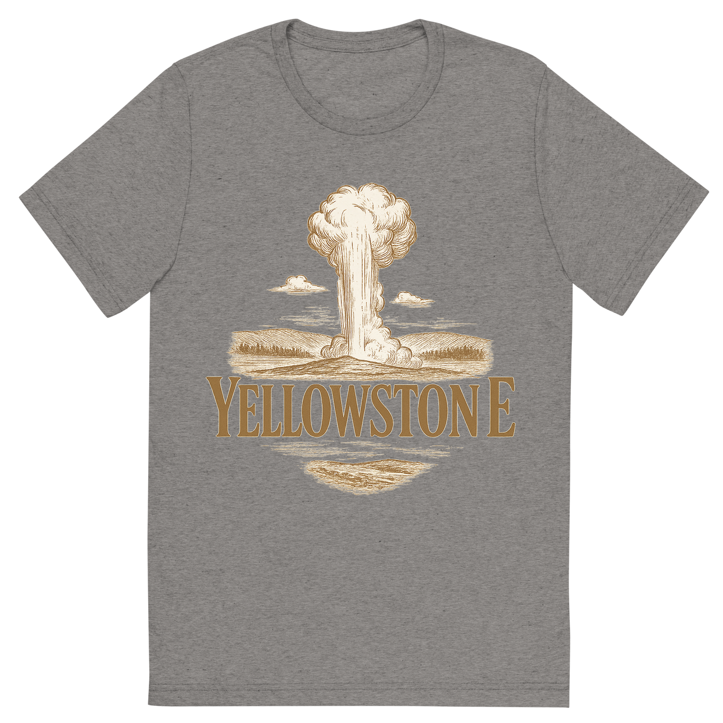 Front view of a Premium Tri-Blend Crew Neck T-Shirt in Grey showing 'A typographic, nostalgic graphic of a typographic illustration of the words 'yellowstone' with a vintage line art drawing of old faithful'