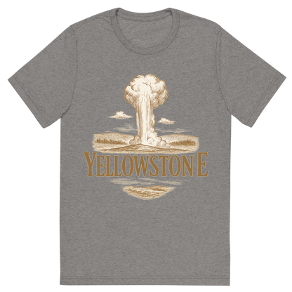 Front view of a Premium Tri-Blend Crew Neck T-Shirt in Grey showing 'A typographic, nostalgic graphic of a typographic illustration of the words 'yellowstone' with a vintage line art drawing of old faithful'
