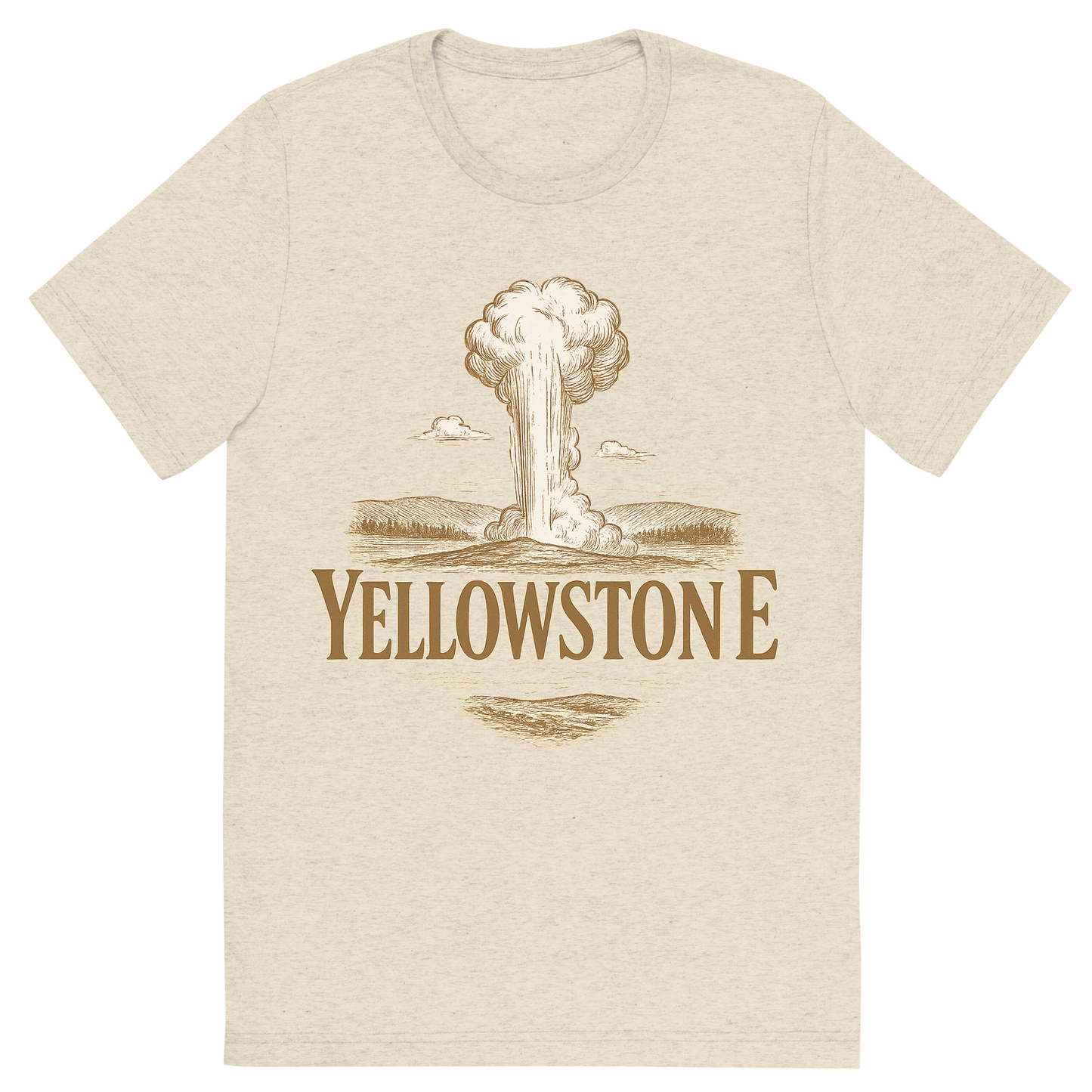 Front view of a Premium Tri-Blend Crew Neck T-Shirt in Oatmeal showing 'A typographic, nostalgic graphic of a typographic illustration of the words 'yellowstone' with a vintage line art drawing of old faithful'