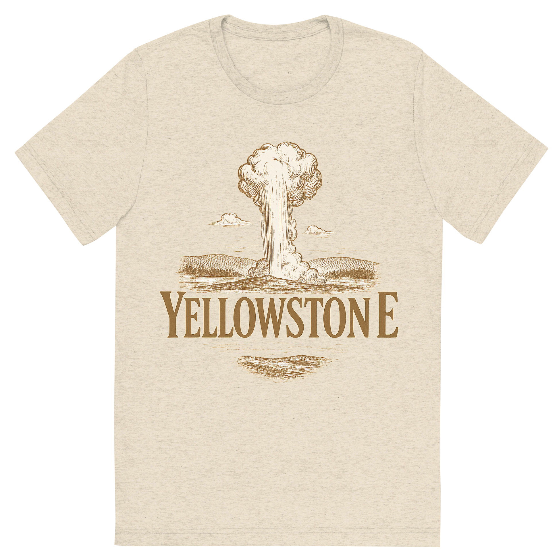 Front view of a Premium Tri-Blend Crew Neck T-Shirt in Oatmeal showing 'A typographic, nostalgic graphic of a typographic illustration of the words 'yellowstone' with a vintage line art drawing of old faithful'