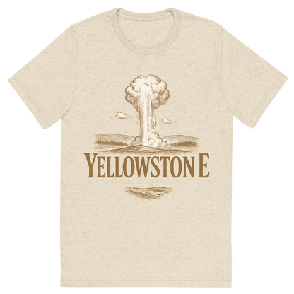 Front view of a Premium Tri-Blend Crew Neck T-Shirt in Oatmeal showing 'A typographic, nostalgic graphic of a typographic illustration of the words 'yellowstone' with a vintage line art drawing of old faithful'