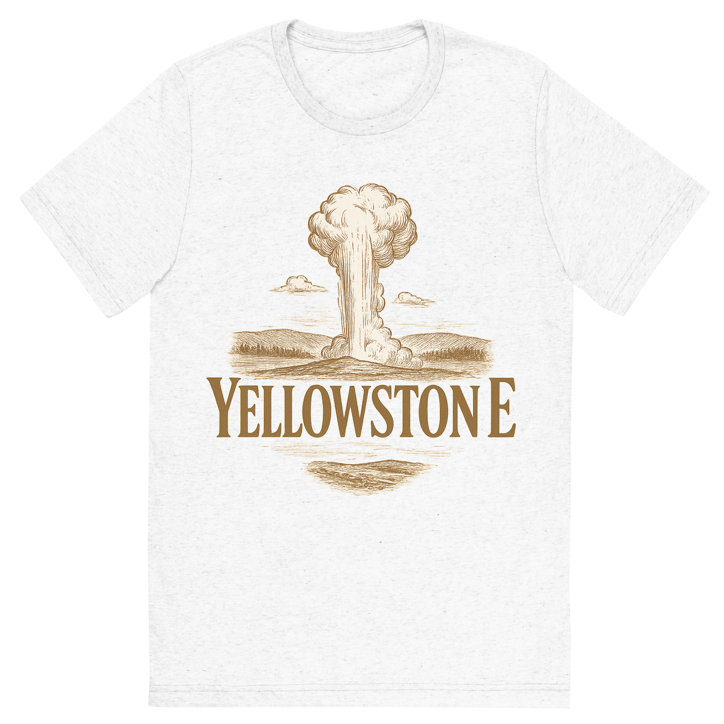 Front view of a Premium Tri-Blend Crew Neck T-Shirt in Solid White showing 'A typographic, nostalgic graphic of a typographic illustration of the words 'yellowstone' with a vintage line art drawing of old faithful'