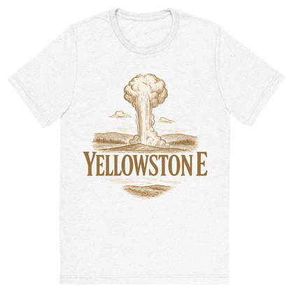 Front view of a Premium Tri-Blend Crew Neck T-Shirt in Solid White showing 'A typographic, nostalgic graphic of a typographic illustration of the words 'yellowstone' with a vintage line art drawing of old faithful'