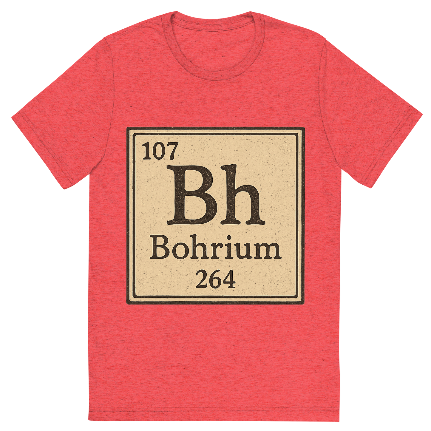 Front view of a Premium Tri-Blend Crew Neck T-Shirt in Red showing 'A line art, nostalgic graphic of bohrium's entry on the periodic table, use a dark color for the lines and text'