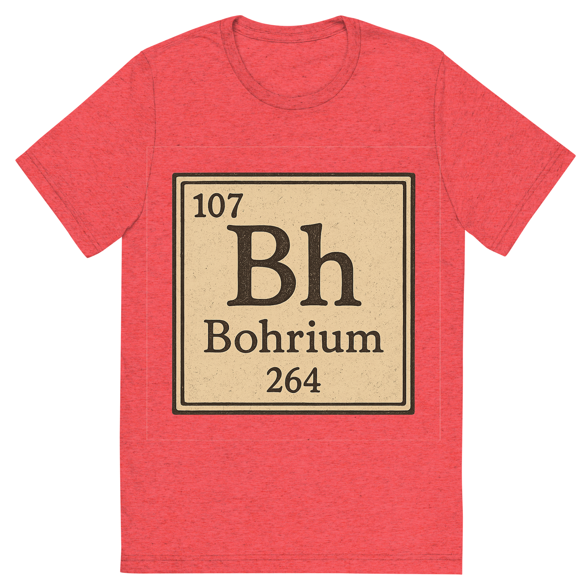Front view of a Premium Tri-Blend Crew Neck T-Shirt in Red showing 'A line art, nostalgic graphic of bohrium's entry on the periodic table, use a dark color for the lines and text'