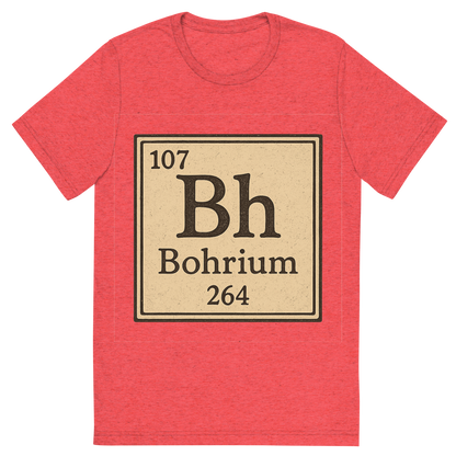 Front view of a Premium Tri-Blend Crew Neck T-Shirt in Red showing 'A line art, nostalgic graphic of bohrium's entry on the periodic table, use a dark color for the lines and text'