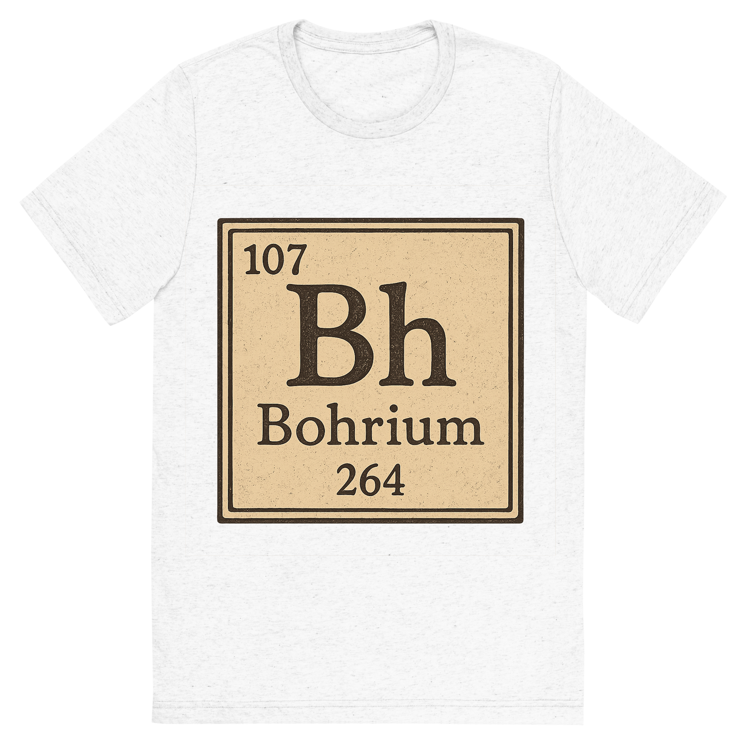 Front view of a Premium Tri-Blend Crew Neck T-Shirt in Solid White showing 'A line art, nostalgic graphic of bohrium's entry on the periodic table, use a dark color for the lines and text'