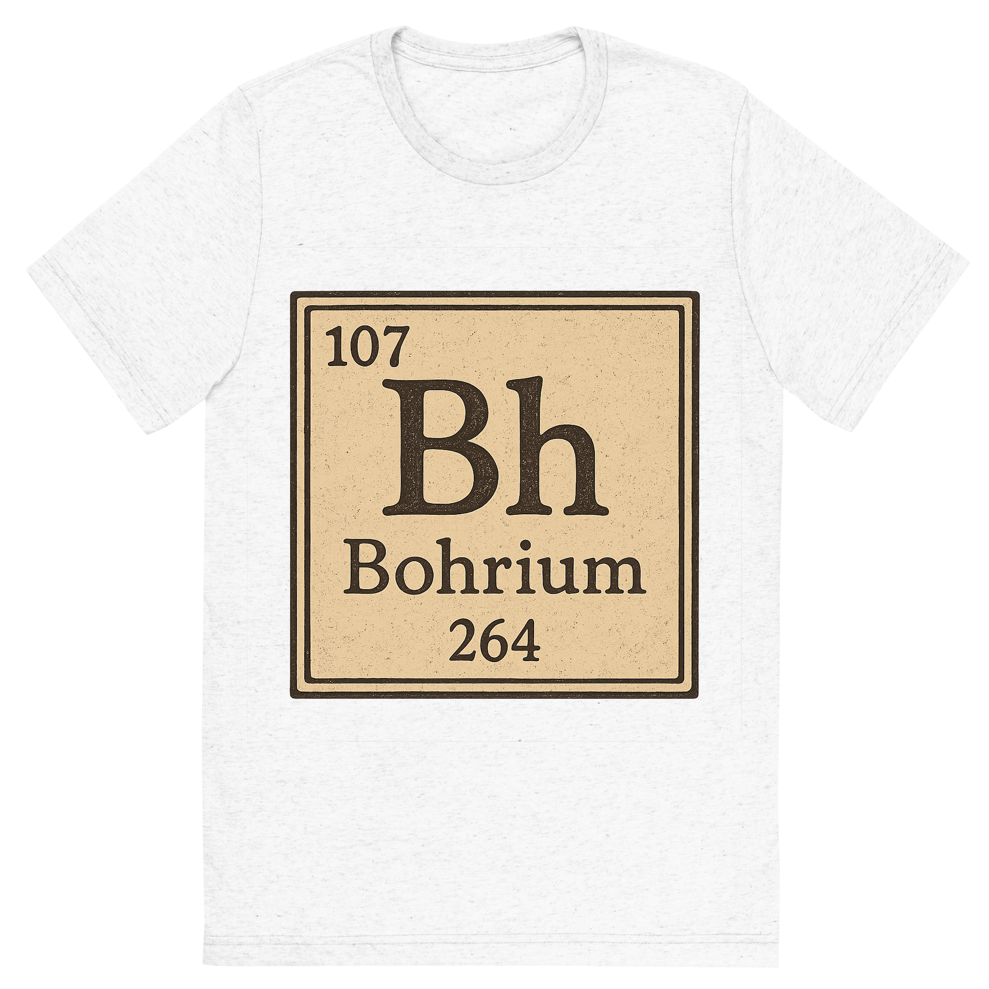 Front view of a Premium Tri-Blend Crew Neck T-Shirt in Solid White showing 'A line art, nostalgic graphic of bohrium's entry on the periodic table, use a dark color for the lines and text'